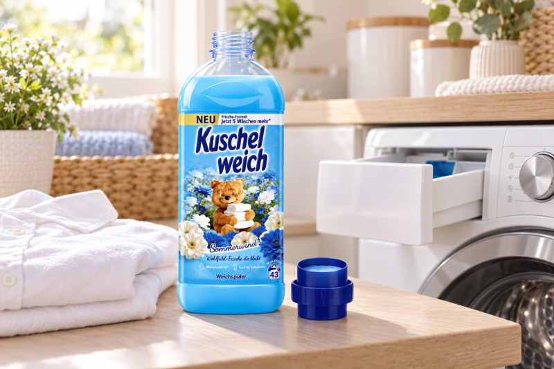 Aviváž Kuschelweich Sommerwind na 43 dávek s dávkovacím víčkem vedle otevřené přihrádky pračky